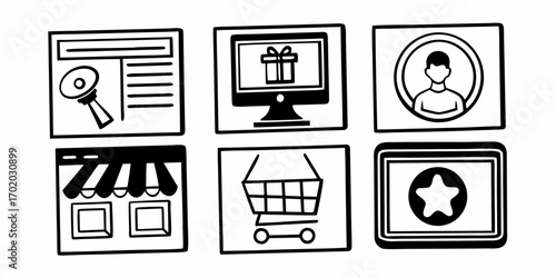 Illustration of online shopping and e commerce icons including retail store, shopping cart, and user profile