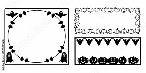 Collection of halloween themed frames with ghosts pumpkins and leaves in black and white design