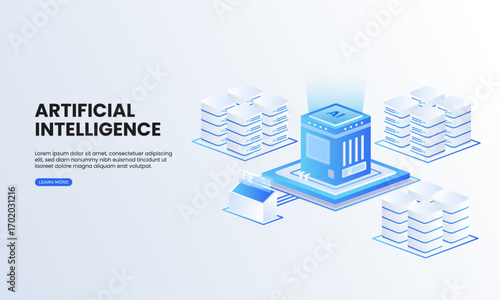 Artificial intelligence big data isometric vector illustration. Artificial intelligence data center server hardware technology, computer electronics and AI systems landing page template.