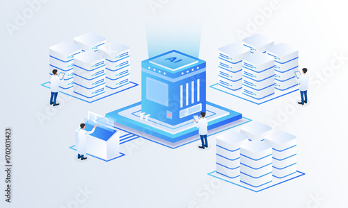 Artificial intelligence big data isometric vector illustration. Artificial intelligence data center analyzing server hardware technology, computer electronics and AI systems landing page template.