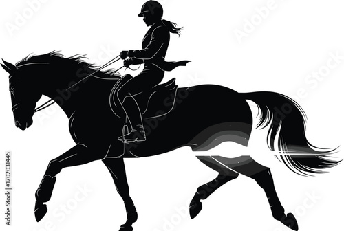 Silhouette of Female Horse Rider in Motion, Equestrian Sport, Black and White Vector Art, Galloping Horse, Elegant Riding Scene