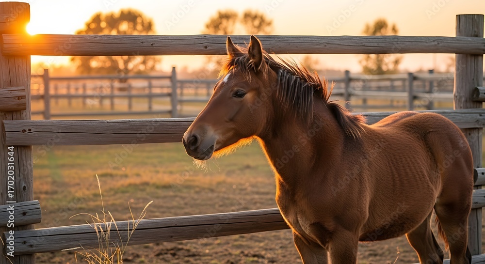 Fototapeta premium A young horse stands in a pasture at sunset, bathed in golden light.