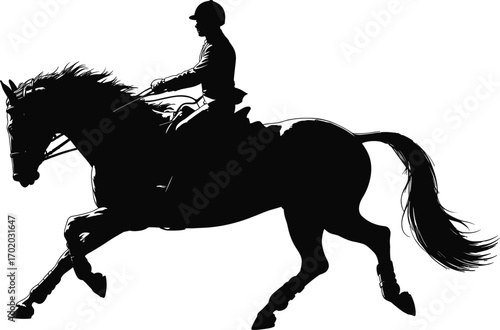 Silhouette of Female Horse Rider in Motion, Equestrian Sport, Black and White Vector Art, Galloping Horse, Elegant Riding Scene