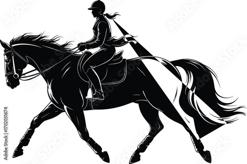 Silhouette of Female Horse Rider in Motion, Equestrian Sport, Black and White Vector Art, Galloping Horse, Elegant Riding Scene