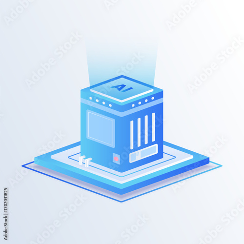 Artificial intelligence big data isometric vector illustration. Artificial intelligence analyzing data center server hardware technology.