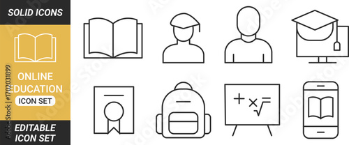 Online Education, E-learning, E-book related minimal thin line icon set