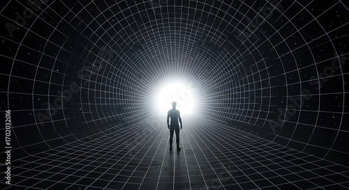 A solitary figure walks towards a bright light at the end of a futuristic, grid-lined tunnel.