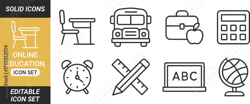 Online Education, E-learning, E-book related minimal thin line icon set