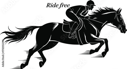 Silhouette of Male Horse Rider Galloping, Equestrian Sport, Black and White Vector Art, Fast Racing Horse, Dynamic Motion Illustration