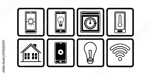 Illustration of smart home control icons including light bulb thermostat and wifi connection symbol