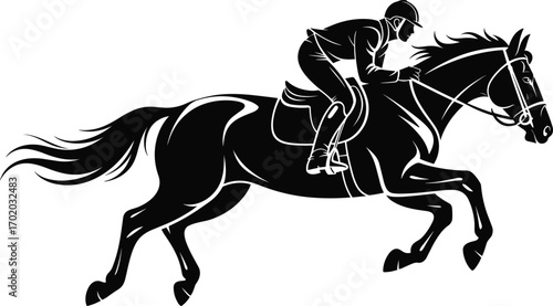 Silhouette of Male Horse Rider Galloping, Equestrian Sport, Black and White Vector Art, Fast Racing Horse, Dynamic Motion Illustration