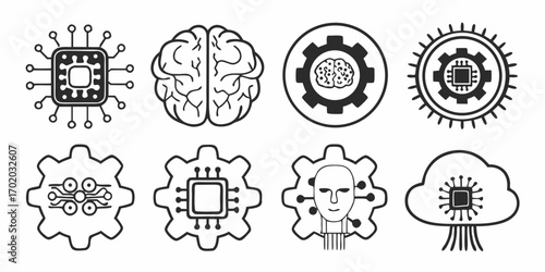 Illustration of ai concepts including brain gears chips and cloud computing in black and white style