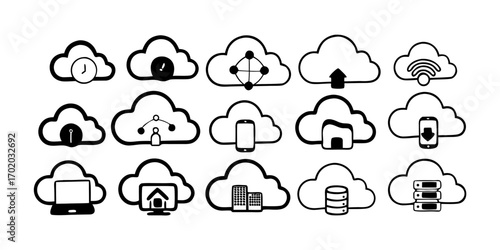Collection of cloud computing icons representing various services and features in a vector illustration