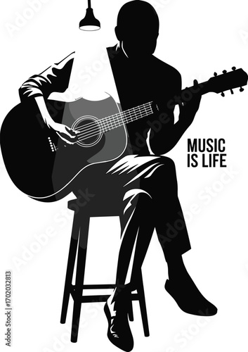 Silhouette of Man Playing Acoustic Guitar, Musician Performing on Stool, Black and White Vector, Music is Life, Artistic Design