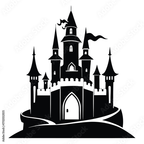 Black Silhouette of a Fantasy Castle with Multiple Towers and a Large Archway