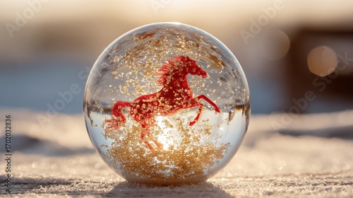 Wallpaper Mural A glass snow ball with a red horse figure inside sparkles with golden glitter in sunlight. Torontodigital.ca