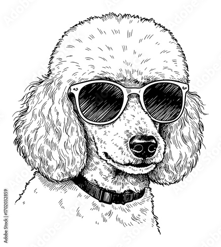 Stylish Poodle Dog Wearing Modern Sunglasses Headshot Black and White Outline Line Art Drawing