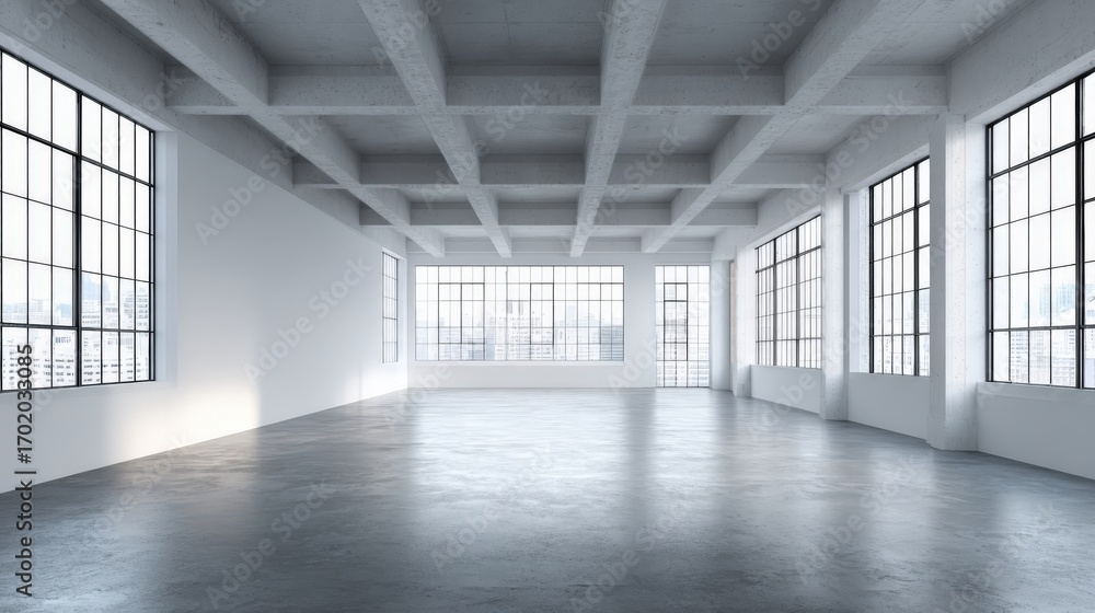Fototapeta premium Bright Empty Loft Interior with Concrete Floor, White Walls and Large Windows Showcasing a Cityscape