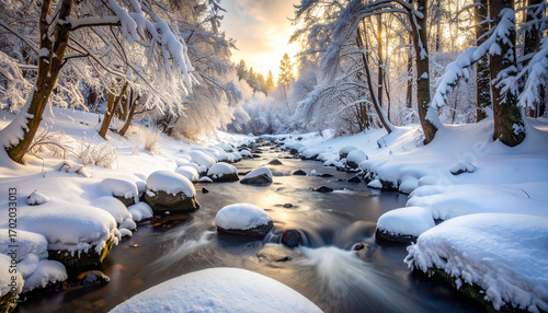 A serene winter landscape featuring a snow-covered river flowing through a forest