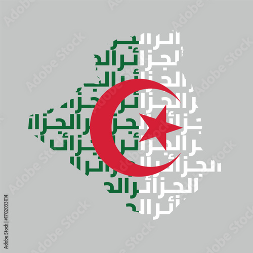Algeria map with Arabic typography and national flag design