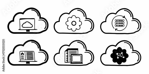 Illustration of six cloud icons with different symbols representing various cloud computing services