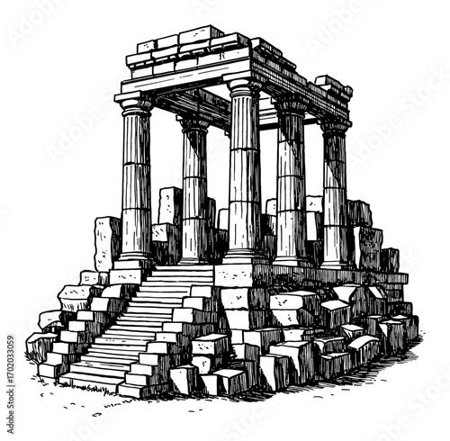 Ancient Stone Temple Ruins with Stairs and Columns Integrated Rocks Black and White Outline Line Art Drawing