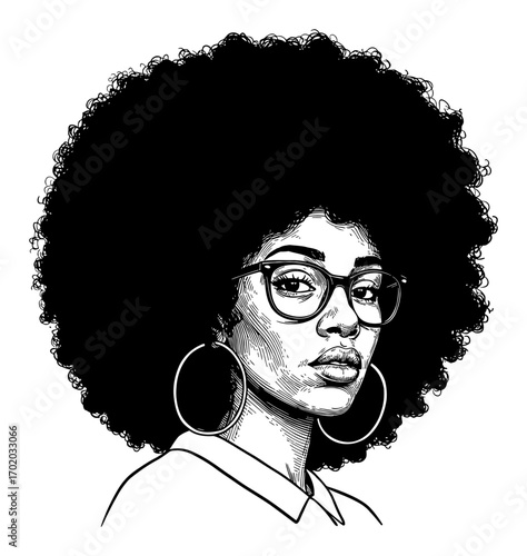 Elegant African Woman with Large Afro Hairstyle and Glasses Black and White Outline Line Art Drawing