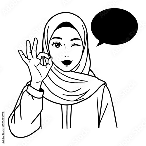 Hijabi Woman Winking and Showing OK Hand Sign with Speech Bubble Black and White Outline Line Art Drawing