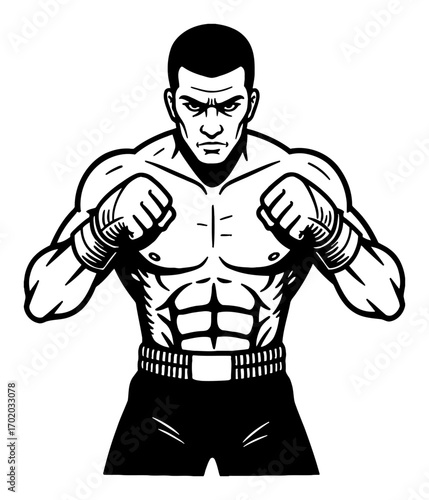 Muscular Fighter with Fists Up Ready to Fight Black and White Outline Line Art Drawing