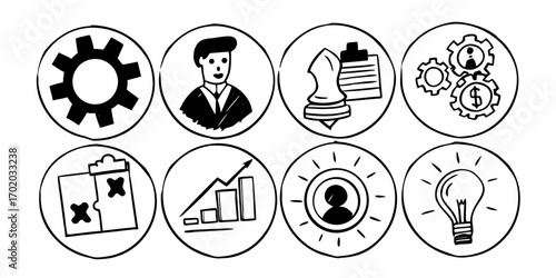 Doodle style icons representing business concepts such as strategy, growth, and innovation in circles