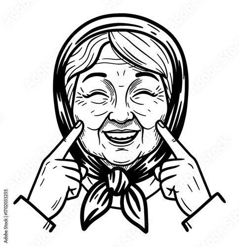 Smiling Grandma with Fingers on Cheek Happy Expression Cute Cartoon Black and White Outline Line Art Drawing