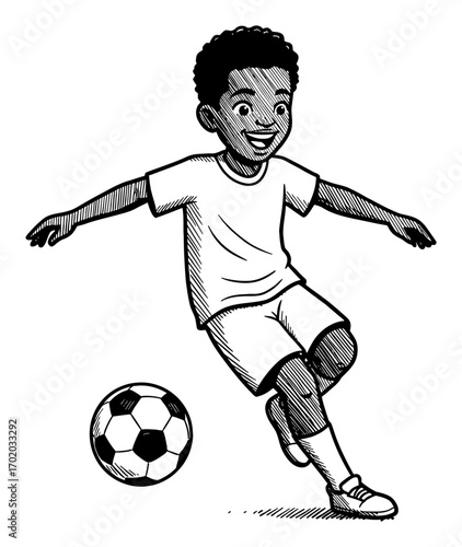 Young African American Boy Playing Soccer Ball Happily Black and White Outline Line Art Drawing Illustration