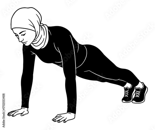 Woman Doing Plank Exercise with Modest Closed Clothes Black and White Outline Line Art Drawing