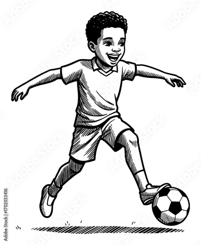 Smiling African American Boy Happily Playing Soccer Ball Kick Vintage Black and White Outline Line Art Drawing