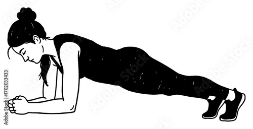 Woman Doing Plank Exercise in Modest Closed Clothes Black and White Outline Line Art Drawing