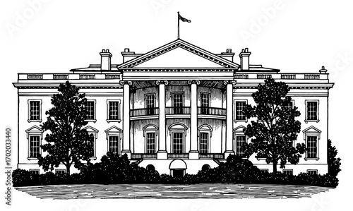 The White House Building Only Front View with Trees and Flag Black and White Outline Line Art Drawing