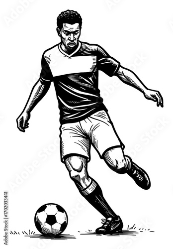 African American Man Playing Soccer Ball Engraving Style Black and White Outline Line Art Drawing