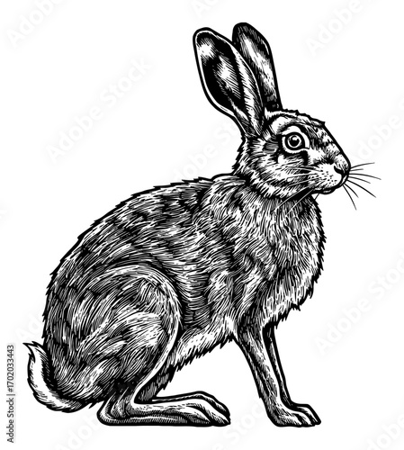 Detailed Hare Animal Creature Side View in Vintage Black and White Outline Line Art Drawing Engraving Style