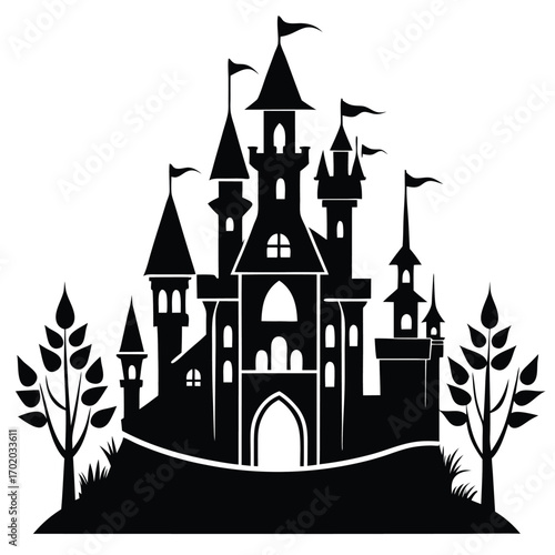 Silhouette Illustration of a Majestic Castle with Flags, Trees, and Grassy Hillside
