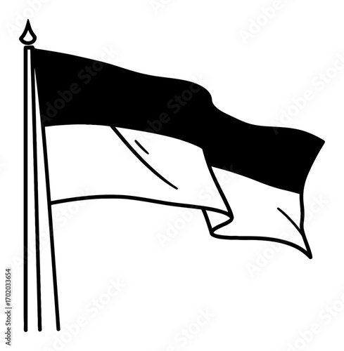 Detailed Waving Indonesia Flag Black and White Outline Line Art Drawing with Pole and Finial Object