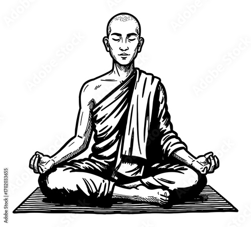 A Monk Meditating in Lotus Position on Yoga Mat Black and White Outline Line Art Drawing