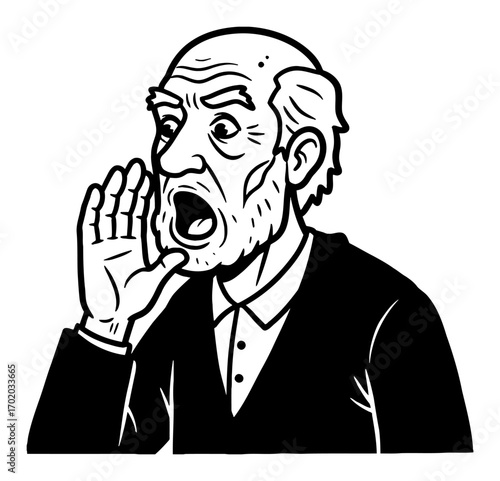 Cartoon Style Grandpa Shouting Yelling Loudly with Hand Near Mouth Black and White Outline Line Art Drawing
