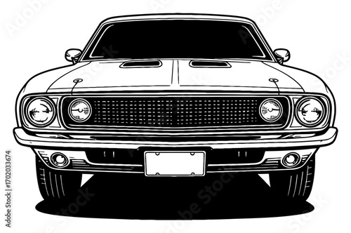 Classic Muscle Car Front View Black and White Outline Line Art Drawing Vintage Style Illustration