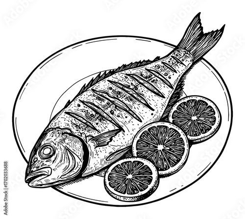 Delicious Grilled Fish and Fresh Lemon Slices Served on a Plate Black and White Outline Line Art Drawing