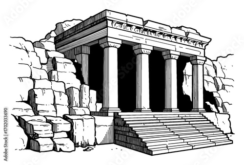 Ancient Stone Temple with Stairs Columns Integrated Cave Ruins Black and White Outline Line Art Drawing