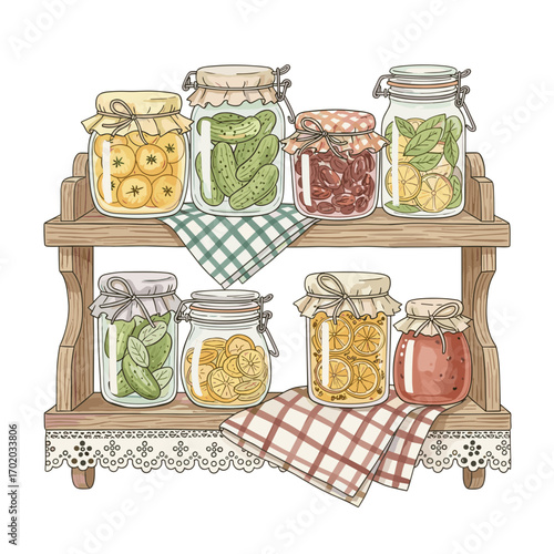Wooden shelf with assorted homemade preserves isolate on white background