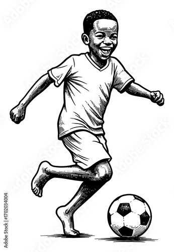 Happy African Boy Playing Soccer Ball Black and White Outline Line Art Drawing Joyful Child