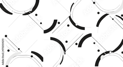 Abstract black and white geometric pattern. Modern minimalist design with arcs, dots, and lines. Seamless tiled background.