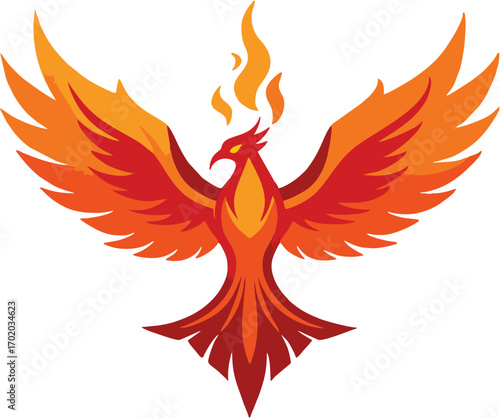 A stylized illustration of a majestic phoenix with wings spread wide, depicted in fiery shades of red, orange, and yellow with a flame above its head.