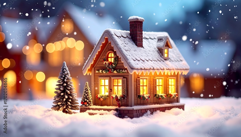 Fototapeta premium Cozy Miniature Christmas House in a Snowy Winter Village Scene.